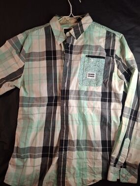 Men's Casual Mint Green and Black Plaid Button-Down Shirt